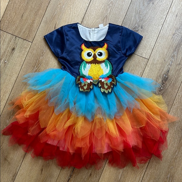 Mini Berni Girls Owl Tulle Dress Multicolor Layers Satin Top Size 7/8 - Picture 1 of 7